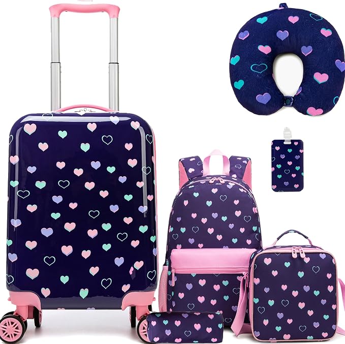 Kid's Luggage Set 5 Piece Suitcase Set 16" Hardside Luggage with Spinner Wheels Girls Carry on Toddler Travel Rolling Suitcase with Neck Pillow Airline Approved by Unknown