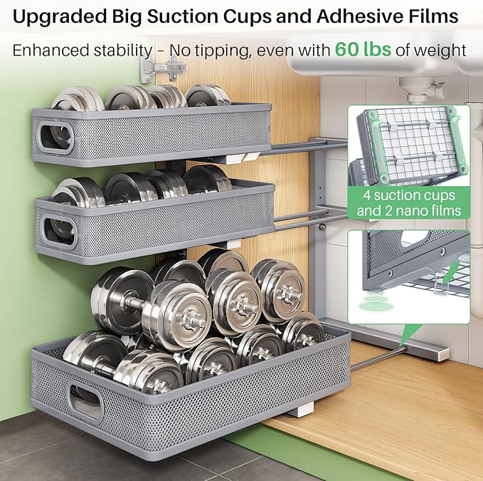 Kitstorack Under Sink Organizer, 1-Pack 3-Tier Height Adjustable Thickened Metal Pull out Cabinet Organizer Shelf, Slide out Storage Drawer Rack for Bathroom Kitchen Pantry Home Organization, Grey - Image 6