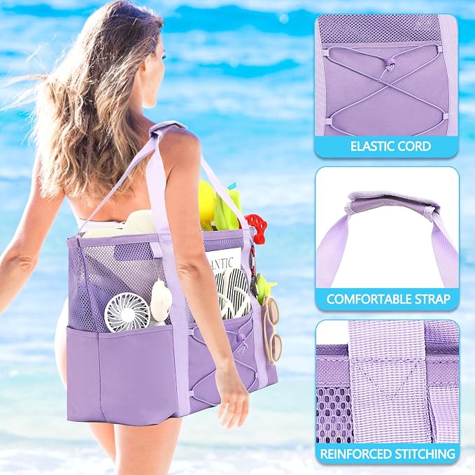 Fammart Mesh Beach Bag for Women, Large Beach Toy Pool Bag with Zipper Pocket, SandProof Cruise Essentials 2026 Family Travel - Image 7