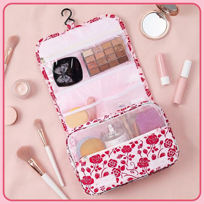 Hanging Toiletry Bag, Waterproof Makeup Organizer With Hook, Red Rose | 4 Compartments, Clear Pocket, Carry Handle, Fold-Out Design, For Travel, Bathroom, Camping, Kids And Teen Girls - Image 5