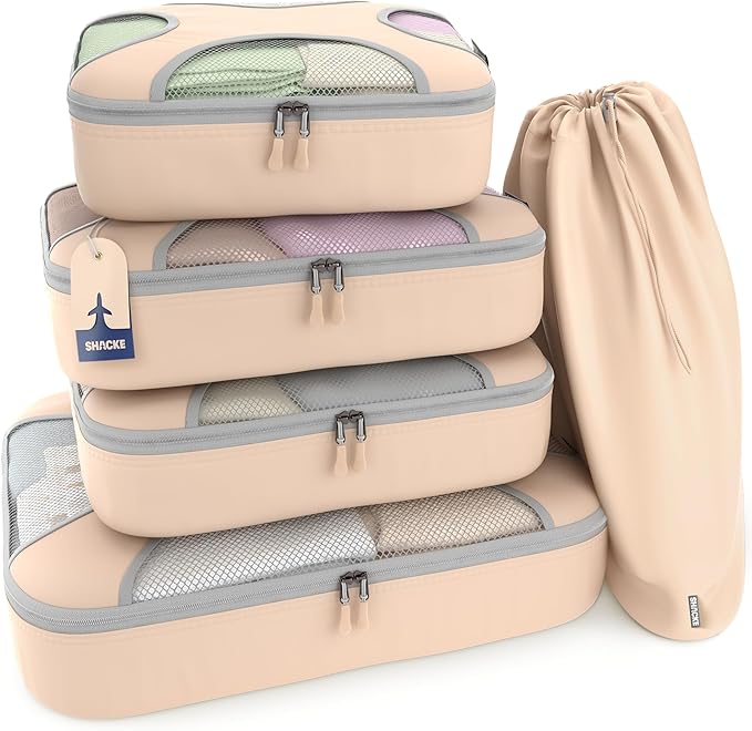 Shacke 5 Set Packing Cubes for Travel with Laundry Bag (Nude Beige) | Suitcase Organizer Bags Set: 4 Water-Resistant Luggage Cubes, XL to Small, + Laundry Bag for Carry-On or Checked by Shacke