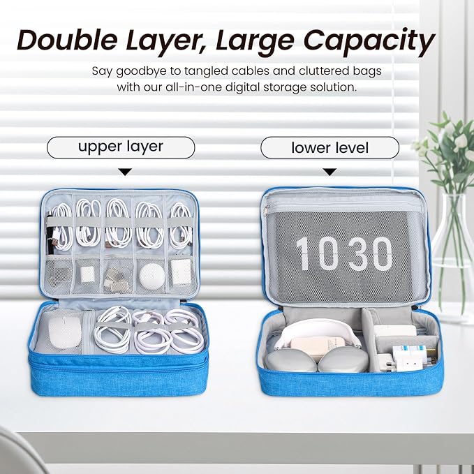 Electronic Organizer Travel Case, Double Layer Cable Organizer Bag | Double-layer design with adjustable dividers, mesh pockets and elastic loops for chargers, cables, power banks and gadgets - Image 4