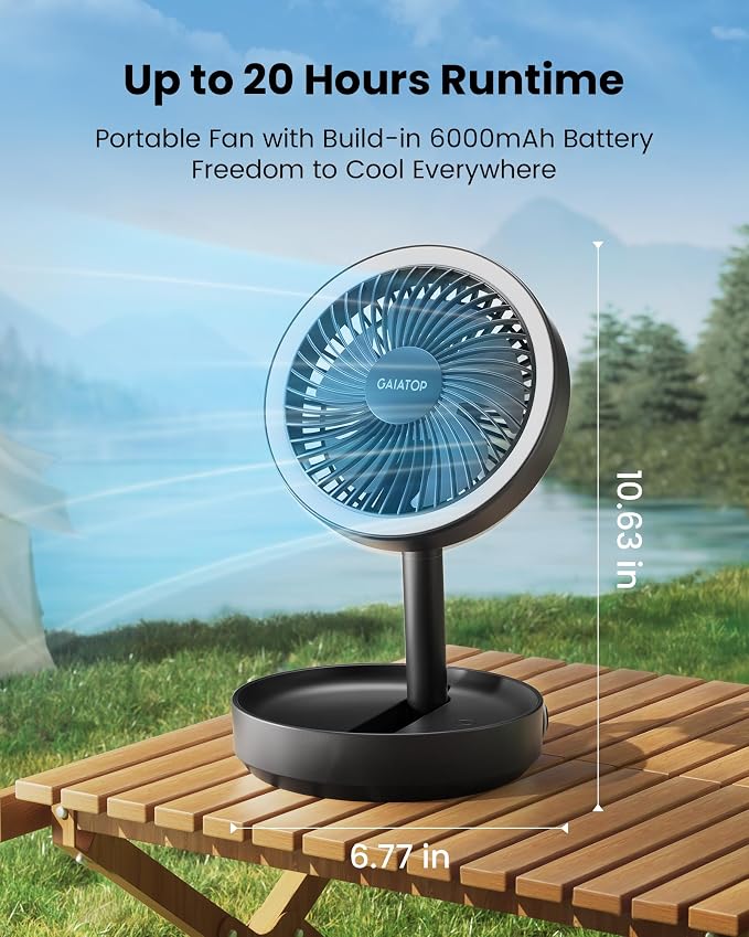 Gaiatop Foldable Desk Fan with Night Light, 6.8in Portable Travel Fan | 6000mAh Battery Powered Fan, USB Rechargeable, Bedroom Office Camping Travel & Cruise Essentials, Gifts for Women Men, Black - Image 3