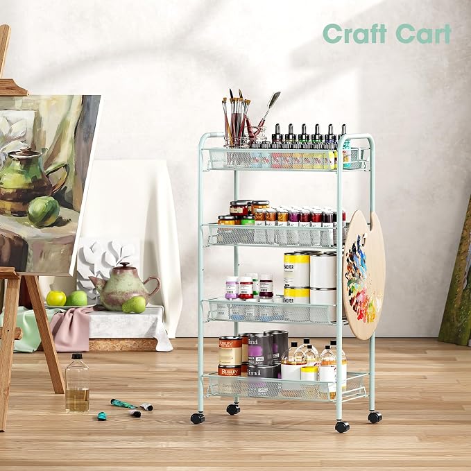 TOOLF 4 Tier Rolling Cart, Metal Utility Storage Cart with Wheels, Green | 3 Hooks, Screwless Assembly, Trolley Organizer for Bathroom, Kitchen, Office, Nursery, Dorm, Laundry Room - Image 8
