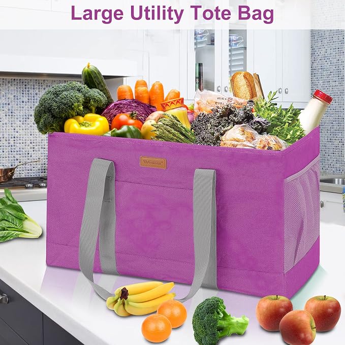 WONDAY RoseRed Foldable Utility Tote Bag, Reusable Grocery Bag | 22x11x13in, holds 50lbs, 600D Oxford fabric with PP board bottom, folds flat, side panels only, not self-standing - Image 3