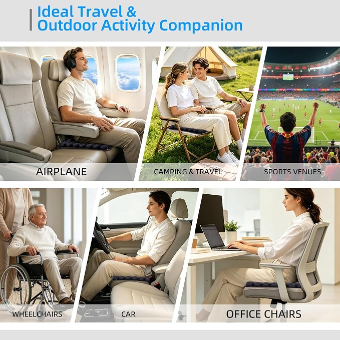 Sodurue Travel Cushion, Airplane Seat Cushion for Long Flights | Built in Inflatable Air Pump, Inflatable Seat Cushion for Car,Office,Stadium,etc, Ergonomic, 36 Pressure Relief Airbags - Image 6