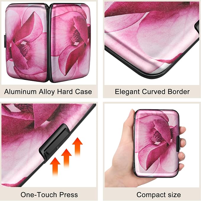 Mini RFID Aluminum Wallet Credit Cards Holder Business Card Case Metal ID Case for Men Women(Pink Magnolia) - Image 3