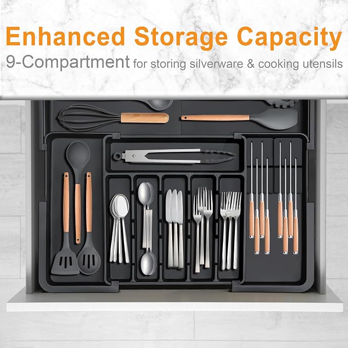 Homecor Silverware Organizer - Expandable Large Kitchen Drawer Organizer Utensil Organizer with 2 Removable Knife Blocks, 22"x 19"Cutlery Tray Drawer Dividers for Kitchen Flatware(6-9 Slots) (Black) - Image 8
