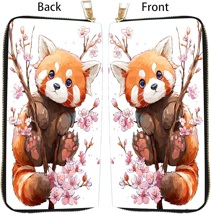 Women's RFID Blocking PU Leather Zip-Around Wallet, Large Capacity Clutch with Phone Holder, Travel Purse & Card Organizer with Removable Wristlet,Cherry Blossom Raccoon - Image 5