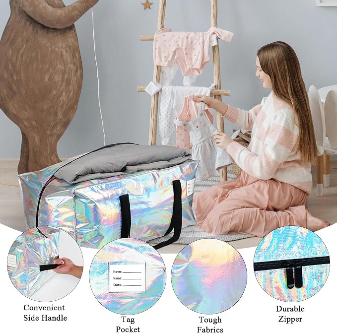 VTSVTS 6 Pack Extra Heavy Duty Large Moving Bags with Comfortable Handle & Strong Zipper,Storage Totes for Space Saving Moving Storage College Supplies Alternative to Moving Box,Iridescent - Image 3