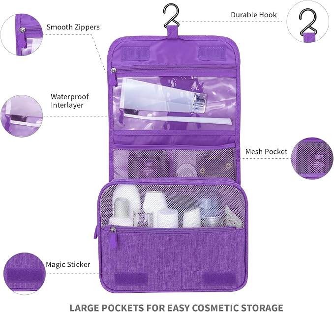 Lcsmaokin Large Capacity Toiletry Bag Travel Bag with Hanging Hook for Men and Women Waterproof Travel Cosmetic Bag Bathroom Storage Bag for Brushes Set, Full-Sized Shampoo, Toiletries, (Purple) - Image 2