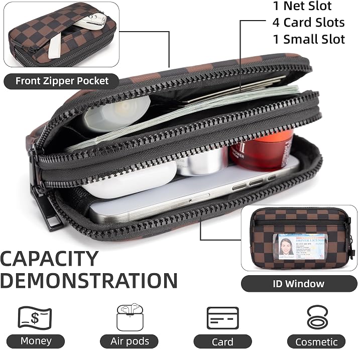 FODOKO Wristlet wallets for Women RFID crossbody bags with 4 Zippers | Checkered quilted nylon with credit card slots, cell phone organizer, and coin purse for travel and everyday carry - Image 4