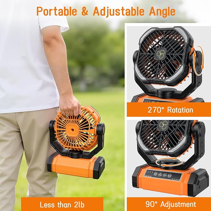 Camping Fan Rechargeable, Large Capacity Battery Powered Fans - Orange | LED Light, 4-Speed, Cordless, Hanging Hook, 270° Adjustable, Quiet, Lightweight, Battery Operated Fan for Tent Beach Outdoor - Image 3