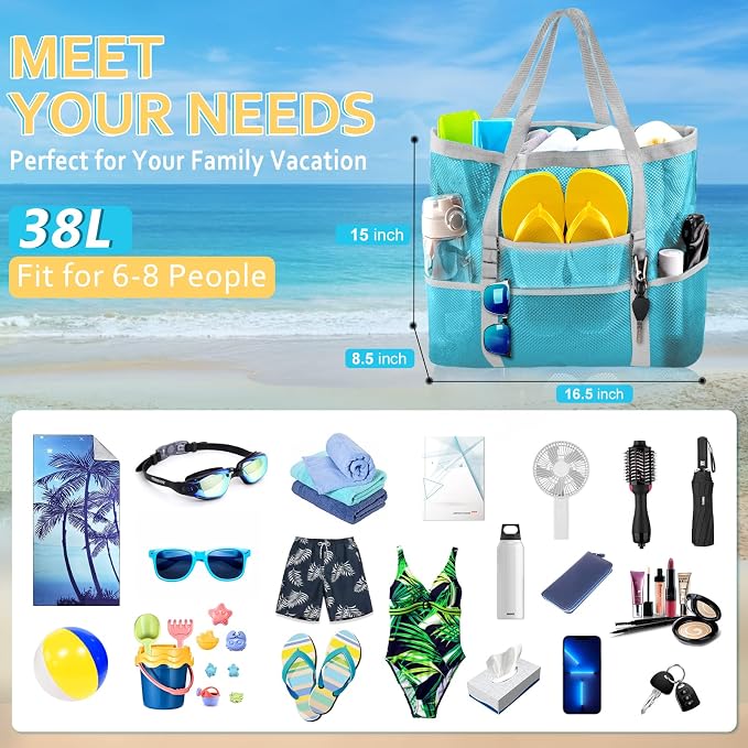 SRISE Mesh Beach Bag - Large Beach Tote Bag for Family Beach Bag for Toys & Vacation Essentials - Image 2