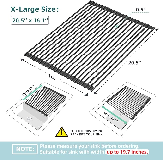 Ohuhu Sink Drying Rack, 20.5" W x 16.1" L Over Sink Roll-Up Dish Drainer - Rolling Foldable Accessories Heat-Resistant Mat Anti-Slip Silicone Coated Multipurpose for Kitchen Counter - Image 9