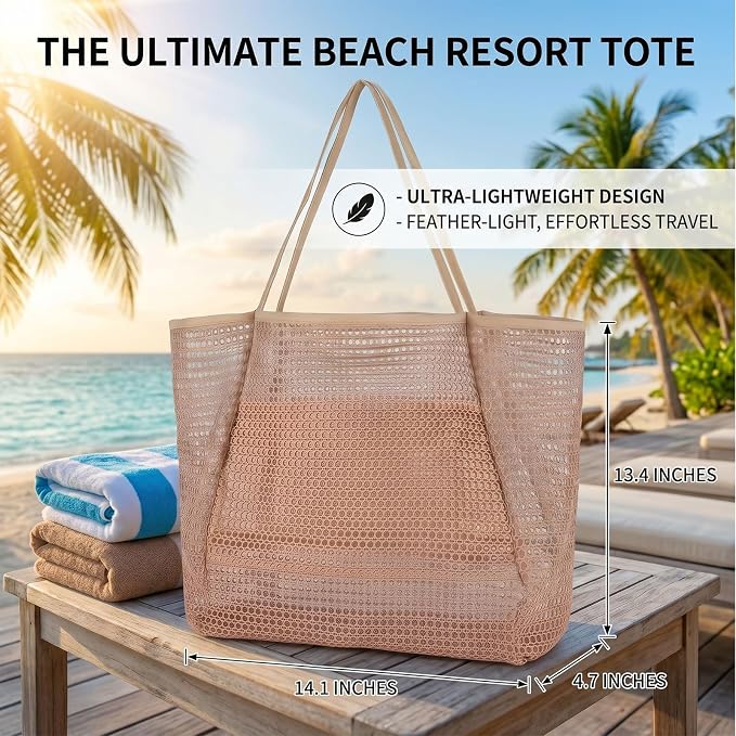 Beach Bag with Mini Pocket, Large Foldable Mesh Tote for Women, Lightweight & Travel Bag for Vacation & Outdoor - Image 4