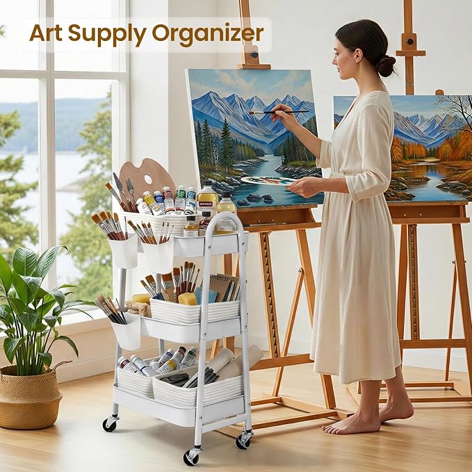 3-Tier Rolling Utility Cart with 4 Woven Baskets, Diaper Book Snack Cart, Storage Organizer for Nursery, Kitchen, Craft Room, Home SPA, Living Room, Metal Frame Trolley on Lockable Wheels, White - Image 4