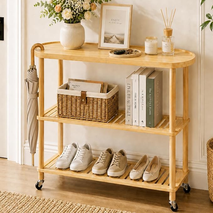 3-Tier Rolling Entryway Table, Bamboo Console Table with Anti-Fall Edge & Wheels, Oval Narrow Hallway Table for Entryway, Living Room, 30.6” Slim Sofa Side Table, Shoe Rack Shelf or Plant Stand - Image 2