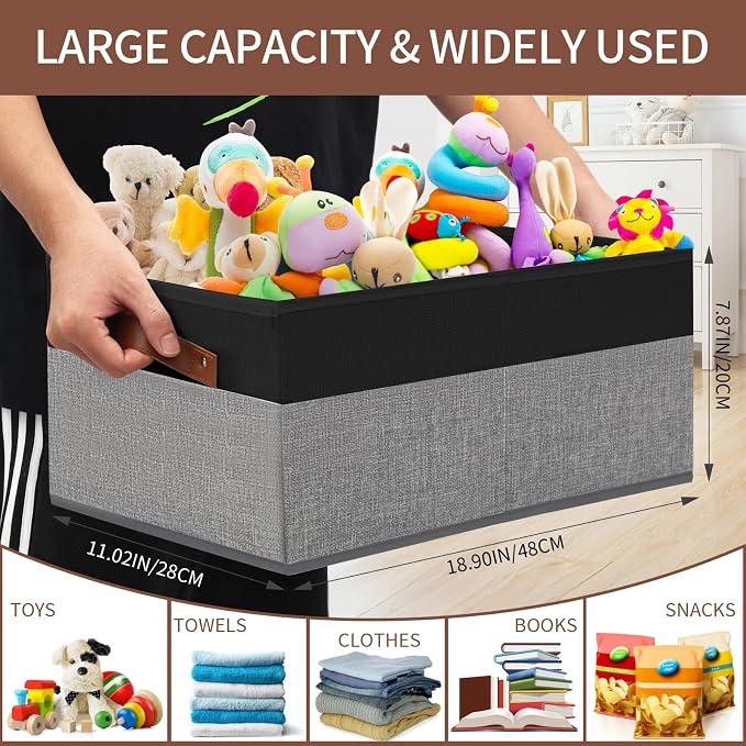 3 Pack Large Capacity Storage Bins Closet Organizer for Shelves | Fabric Closet Storage Baskets Boxes with Leather Handles for Organizing Clothes, Sheets, Jeans, Toys, Books (Black and Grey) - Image 3