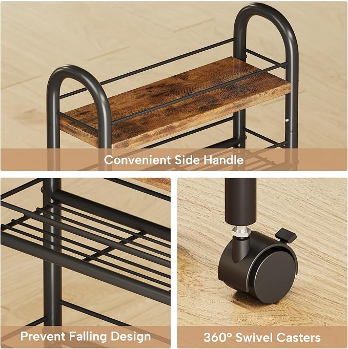 Slim Storage Cart, 5 Tier Narrow Utility Cart with Metal Frame and Wooden Top, Rolling Storage Organizer Shelving Unit for Kitchen, Dining Room, Living Room,Home Office, Vintage - Image 7