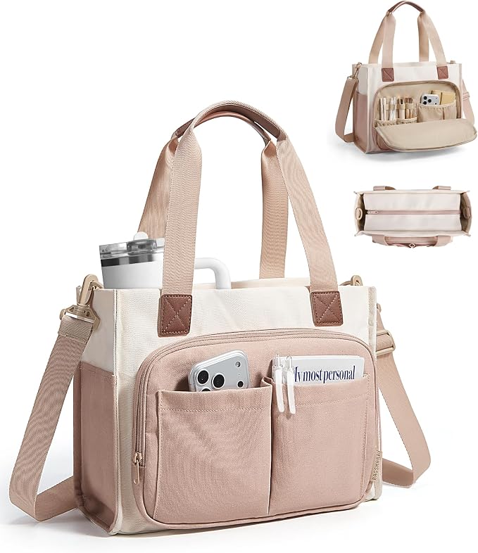 BAGSMART Canvas Tote Bag for Women, Small Work Tote Bag with Zipper | 30oz/40oz Tumble & 11 Pockets Travel Tote, Teachers/Nurses, Lightweight Canvas or Water-Resistant Puffer Taslon Crossbody Bag by BAGSMART