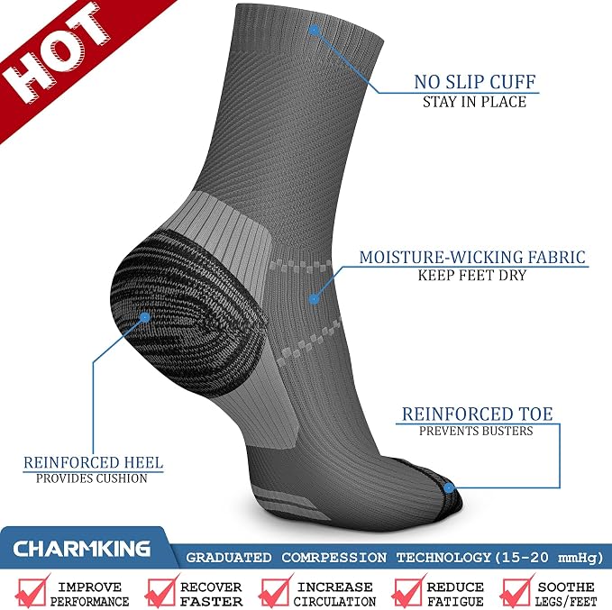 CHARMKING 6 Pairs Crew Compression Socks for Women & Men Circulation 15-20 mmHg is Best for All Day Wear Running Nurse - Image 5