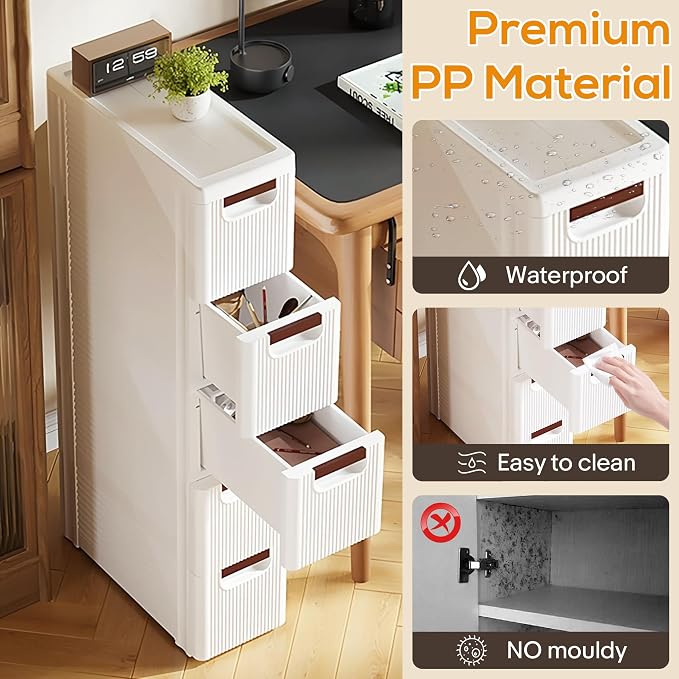 5 Drawers Slim Bathroom Storage Cabinet Dresser, Narrow Plastic Rolling Cart Organizer with Drawers, for Small Spaces, Kitchen, Laundry, Office, Bedroom, White - Image 4