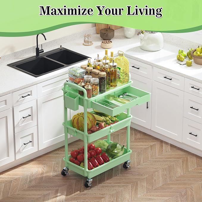 SUNALLY 3 Tier Rolling Cart with Drawer, Craft Storage Cart Organizer,Green | Bathroom Storage Organizer with 2 Lockable Wheels, Rolling Utility Cart for Kitchen, Office, Baby, Makeup, Nail,Snack,Laundry - Image 6