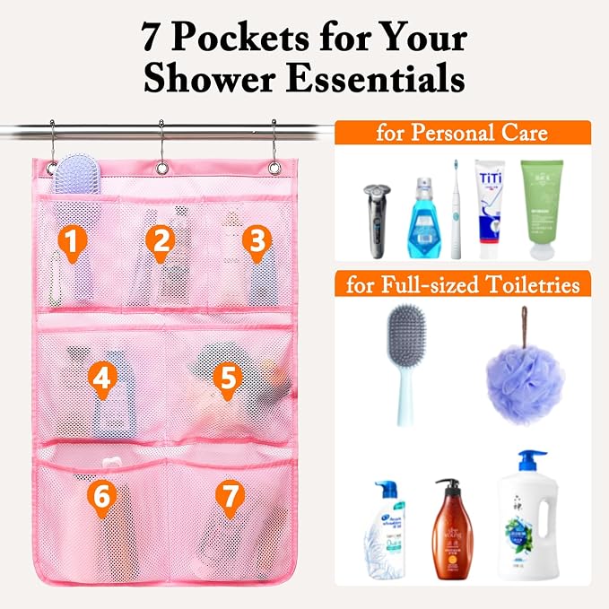 Fammart Mesh Shower Caddy Hanging, Quick-Drying Shower Organizer with 7 Pockets, Portable Bathroom Organizers and Storage for Shampoo, Soap, Loofah, Travel, and Cruise Essentials - Image 2
