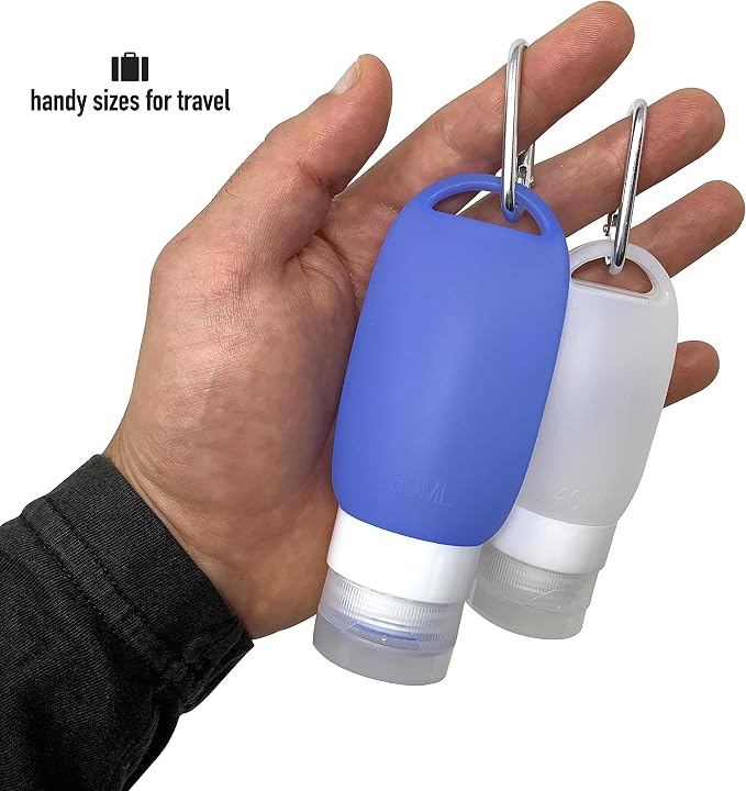 Cruise On Silicone Travel Bottle Set, TSA Approved, Leak-Proof Squeeze Bottles for Shampoo, Lotion & Liquids (2 oz & 1.4 oz), Refillable Containers with Carabiner Clips for Easy Carry - Image 6