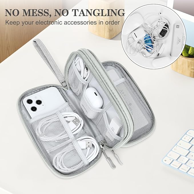 FYY Electronic Organizer, Travel Tech Pouch Bag, Cable Organizer Grey | Wrist Strap, Waterproof, Double Layers Portable Electronics Travel Carrying Case for Cord, Charger, Daily Business Trips Use - Image 5