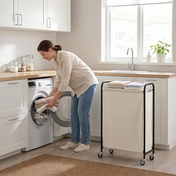 GRANNY SAYS Laundry Hamper, Slim Basket with Wheels and Handles, Beige, 80L | Heavy Duty Metal Frame, Silent Rolling Cart for Clothes in Bedroom, Bathroom, Dorm - Image 8