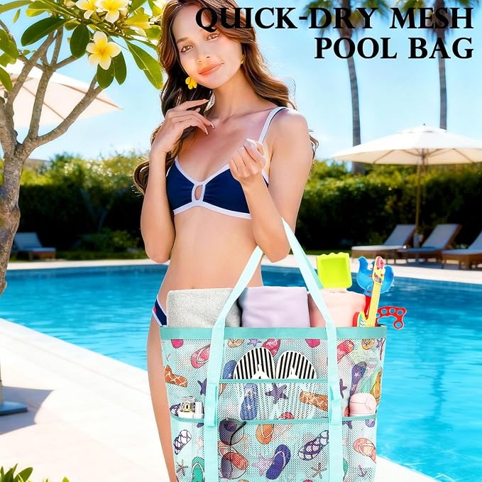 Fammart Mesh Beach Bag for Women, Large Beach Toy Pool Bag with Zipper Pocket, SandProof Cruise Essentials 2026 Family Travel - Image 2