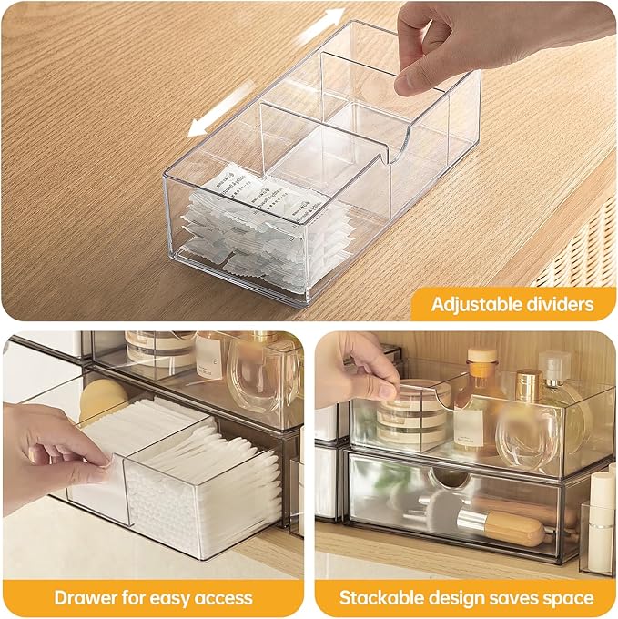PAVSTINE Medicine Cabinet Organizer 3 Pack, Plastic Stackable Storage with 2 Drawers, Bathroom Mirror Cabinet Organizer with Removable Dividers for Wall Cabinet, Vanity, Countertop, Clear - Image 3