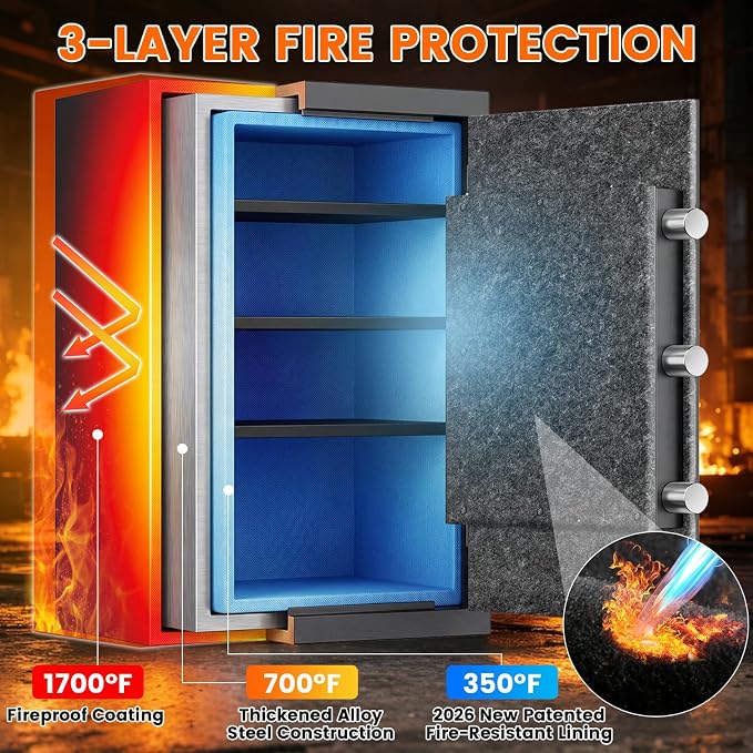 2026 35-Min 1700°F Fireproof Safe, 23.7" Tall 43Lbs Safe Box for Document | with Alarm System, LED Light, Wall Mount Fire Safe for Closet Bedroom, Safes for Home Use Fire Waterproof - Image 4