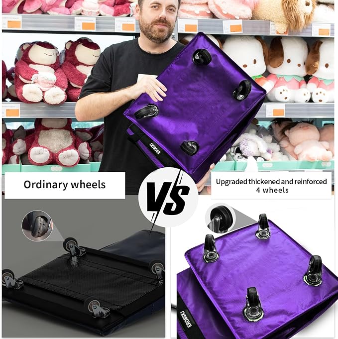(Medium,Violet) Reusable Grocery Bag on Wheels, 70L Foldable Rolling Tote, Extra Storage for Shopping, Zipper Clouser Shopping Carts for Groceries, Laundry, Camping, Moving, 4 Heavy Duty Wheels | 70L Extra Storage for Shopping, Zipper Clouser Shopping ... - Image 5