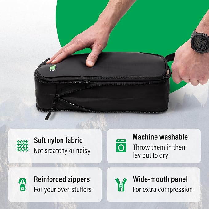 COR Surf Compression Packing Cubes, Laundry & Shoe Bag, 5 Piece Black | 2 Large & 2 Small Cubes, 2-Zipper Compression + Laundry Bag, Tear & Water-Resistant Ripstop, Reinforced Zippers - Image 2