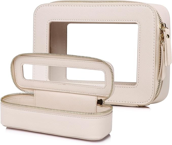 Pinkmik Travel Clear Makeup Bag, (Beige, M+SLIM) | Brush Case, TSA Approved Toiletry Bag, Waterproof Cosmetic Organizer with Zipper, Car Essential for Women by Pinkmik