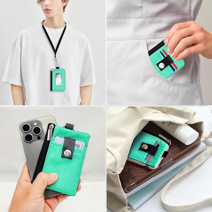 Minimalist RFID Blocking Small Wallet with ID Window,WaterResistant Zip Id Case Wallet with Lanyard Keychain for Cards,Cash,Travel,Women,Men (Mint Green) - Image 9