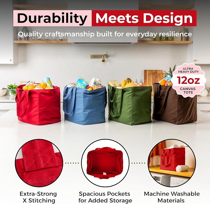 VeraMia Canvas Grocery Bag 3pc XL Set with Real Pockets, Long Shoulder Strap and Short Handle. Heavy Duty, Foldable, Washable - Image 4