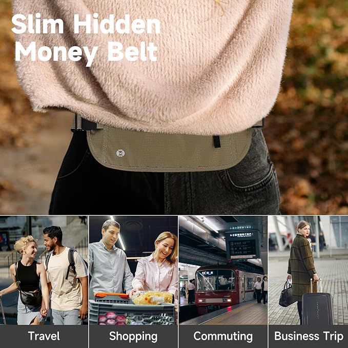 FuninCrea Waterproof Hidden Money Belt for Travel, Anti-Theft Belt Bag with RFID Blocking Function Adjustable Slim Waist Bag with 2 Zipper Pockets and 1 Back Pocket for Travel Running (Style 2, Khaki) - Image 5