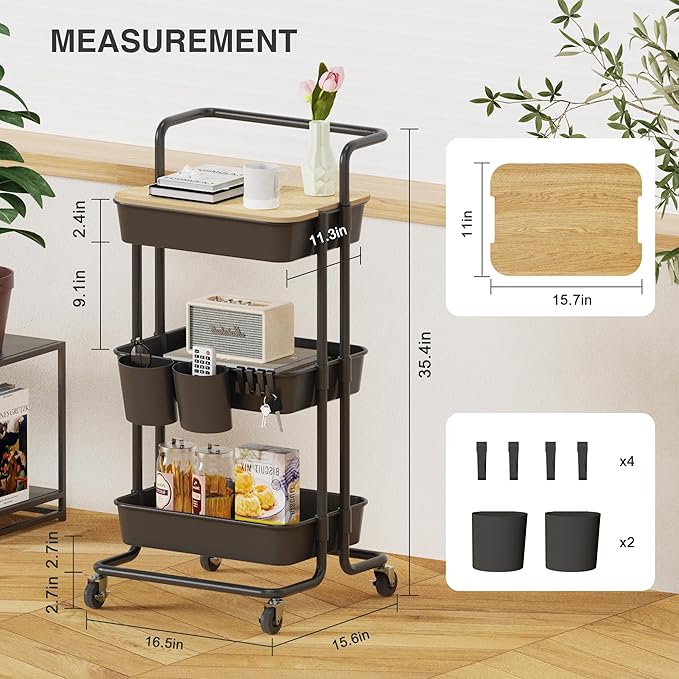 DTK 3 Tier Rolling Cart Uility Cart with Cover Board, Mobile Storage Cart with Wheels, Cups, Hooks for Office Utility Kitchen Bathroom Homeschool Art Craft Postpartum Teacher Cart Organizer(Black) - Image 2