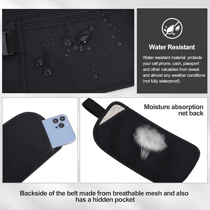 Money Belt - Passport Holder Secure Hidden Travel Wallet with RFID Blocking, Undercover Fanny Pack (Black) - Image 3