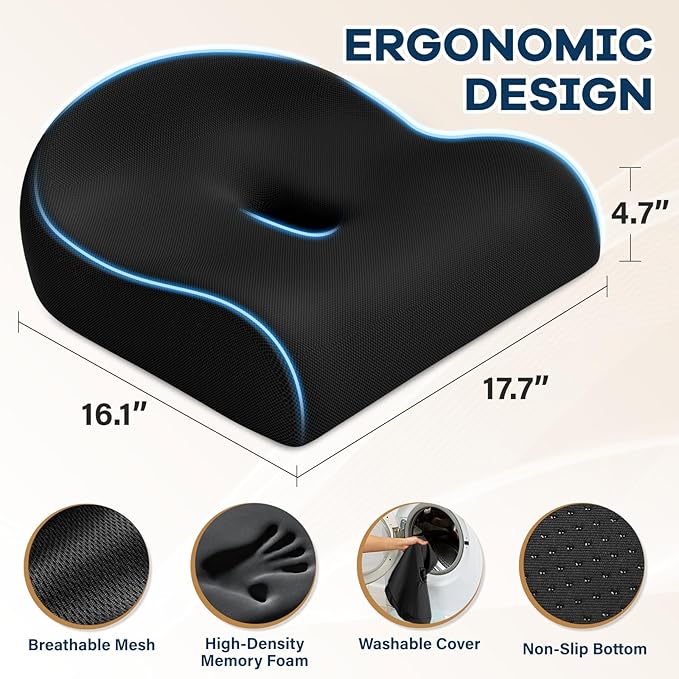 Ergonomic Memory Foam Seat Cushion for Office Chair, Black | Wheelchair Cushions for Tailbone, Hip, Sciatica Support, Soft & Breathable, Chair Pad for Long Sitting, Driving - Image 5