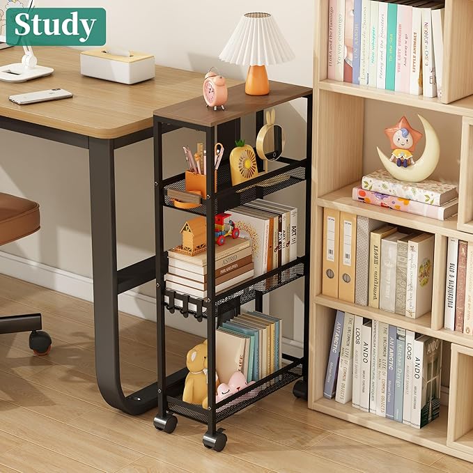 4-Tier Slim Utility Rolling Laundry Cart with Wheels, Easy to Assemble | 7.2" Wide for Narrow Spaces, Wood Top with Metal Frame, Mobile Storage Shelves for Bathroom, Kitchen, Office - Image 7