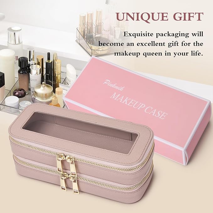 Pinkmik Double Layer Makeup Bag, Pink, Double SLIM | Makeup Brush Case, Waterproof, Travel Cosmetic & Toiletry Organizer - Image 7