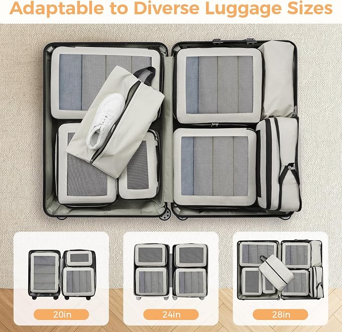 BAGAIL 8 Set Compression Packing Cubes, Expandable Luggage Organizer Bags for Travel Accessories (Beige) - Image 6