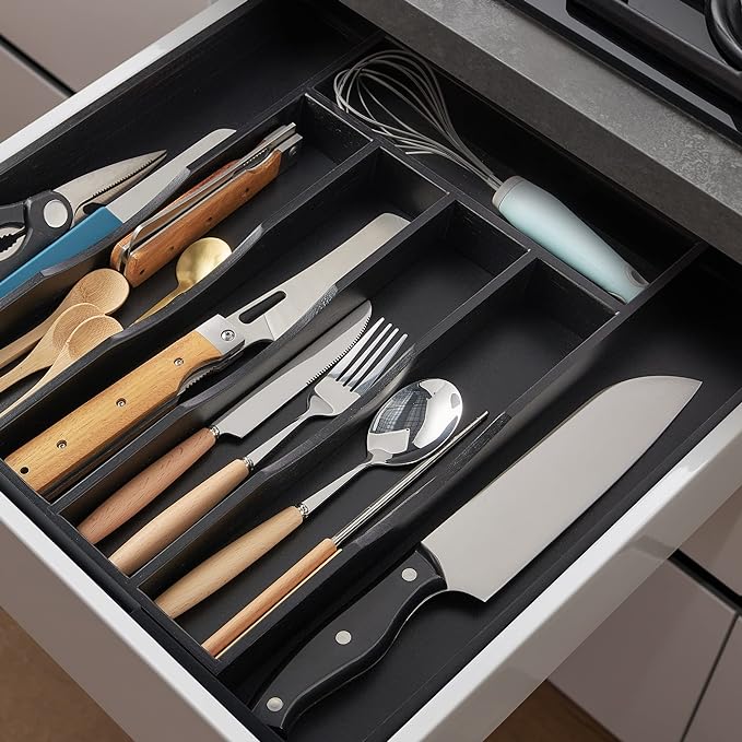 Expandable Bamboo Kitchen Drawer Organizer for Cutlery and Utensils, Adjustable Bamboo Wood Cutlery Tray in Drawer for Flatware and Silverware in Kitchen, (Black) - Image 4