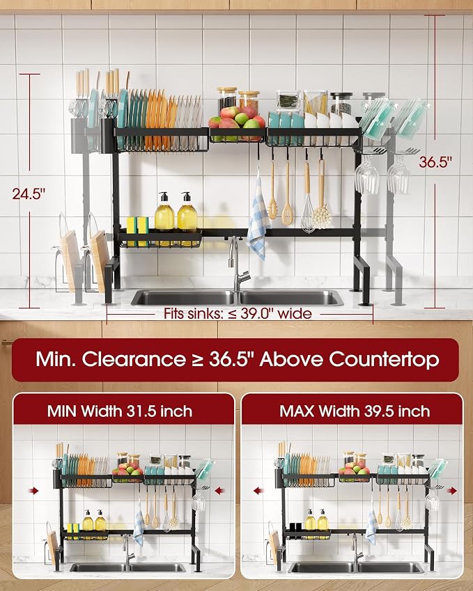 Sakugi Over The Sink Dish Drying Rack - Adjustable 2 Tier X-Large Capacity Stainless Steel Drainer with Cutlery & Utensil Holders, Kitchen Storage & Organization, 31.5"-39.5"L x 12"W x 24.5"H, Black - Image 3