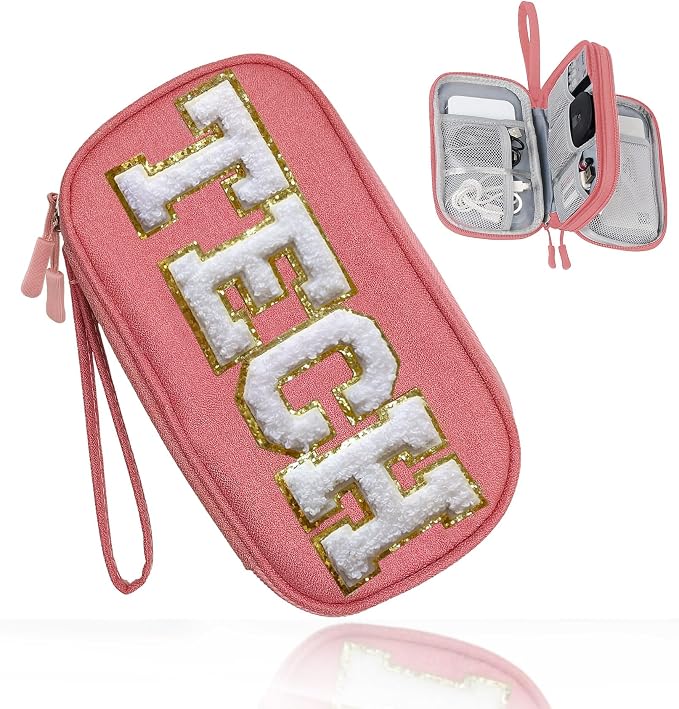 COSHAYSOO Cord Charger Organizer Travel Case Traveling Trip Gifts for Women TECH Bag Chenille Letter Pouch, Electronics Accessories Summer Camp College Dorm Essentials Must Have for Teen Girls Pink by COSHAYSOO
